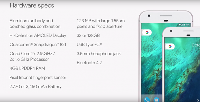 Google Phone Pixel and Pixel XL specifications