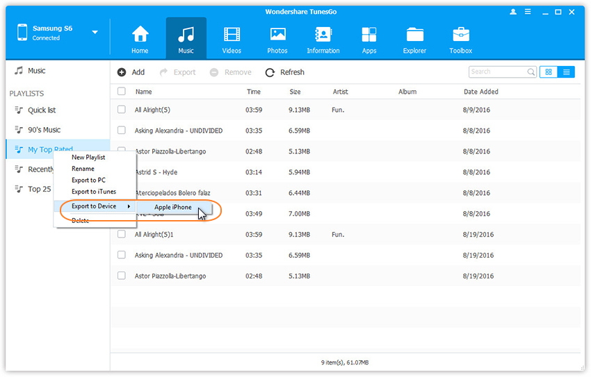 transfer music between samsung galaxy and iphone