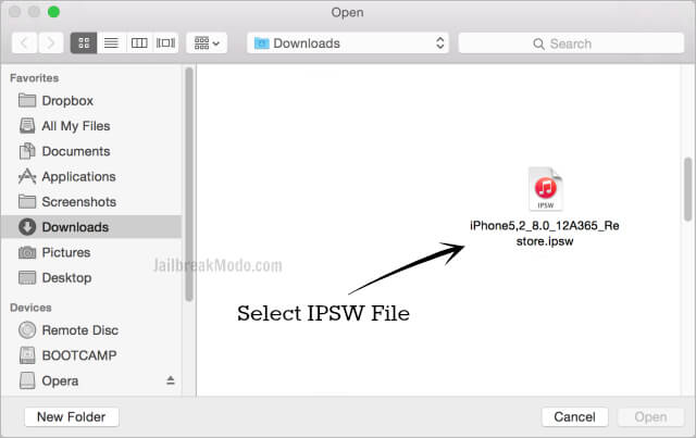 select ipsw file to restore