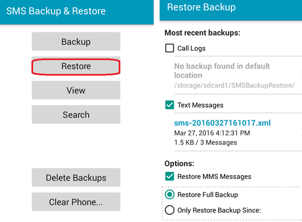 restore sms to new galaxy s8 using sms backup & restore app