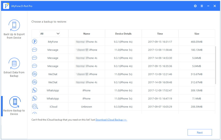 select the WhatsAppp message backup