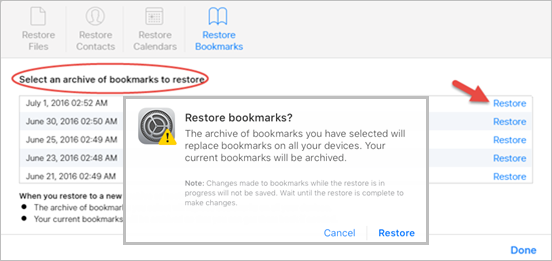 restore safari bookmarks from icloud